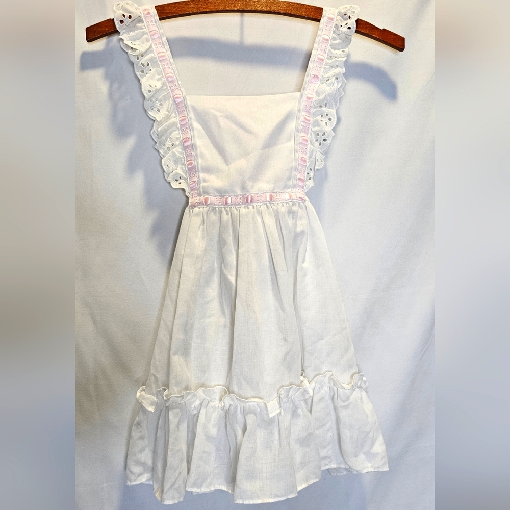 Vintage Little Girls Pinafore white eyelet dress With Pink Ribnon